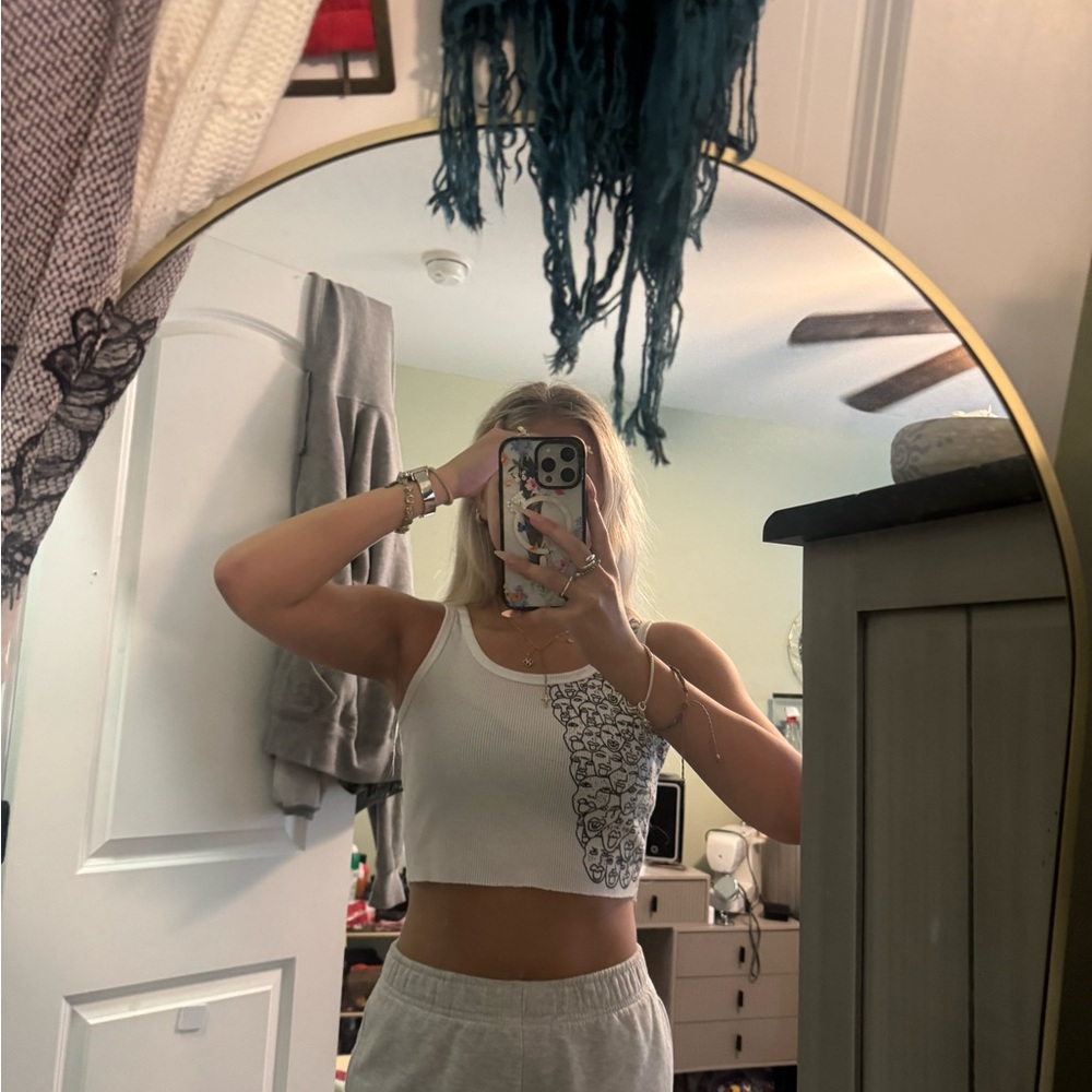 White Crop Top with Black Floral Design